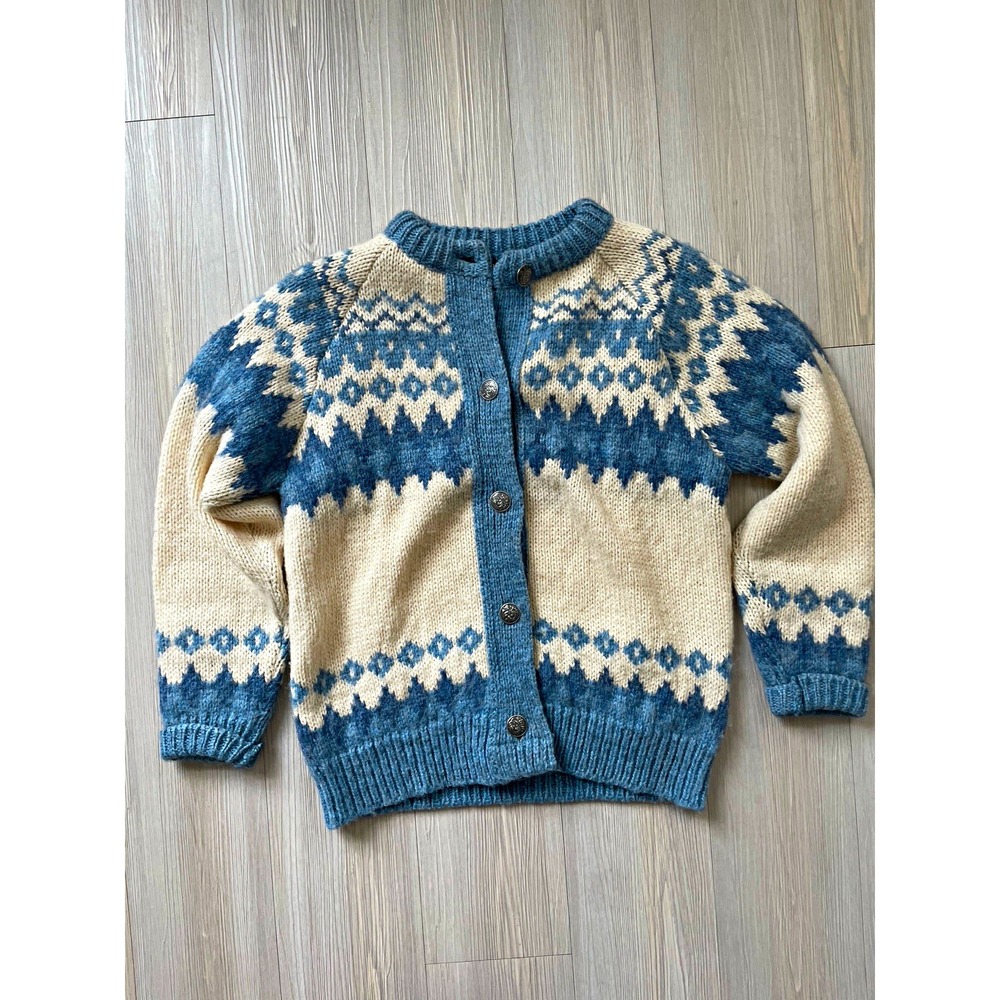 Norlender Women's VTG Blue Ivory Wool Nordic Fair Isle Button Knit Cardigan Sz S